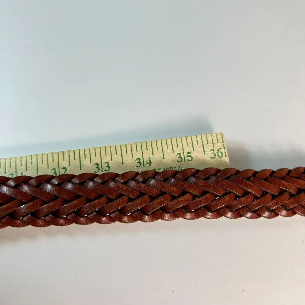Men's Brown Leather Braided Woven Solid Brass Buckle Vintage Belt Size 38